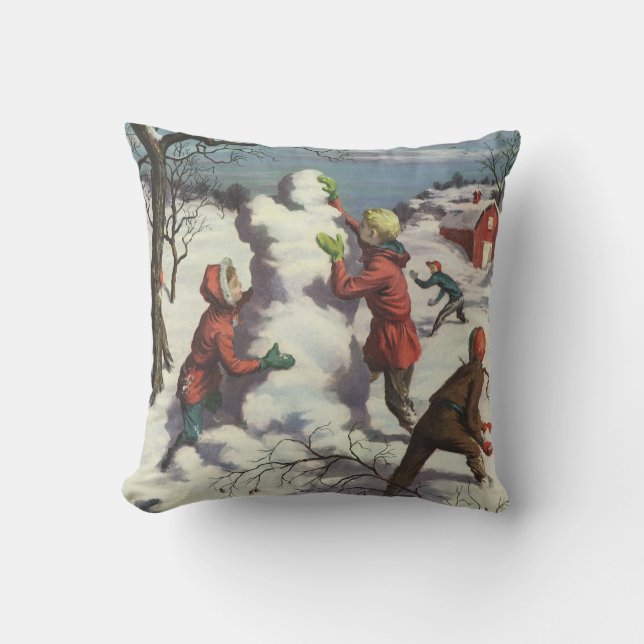 Vintage Christmas, Children Snowball Fight Throw Pillow (Front)
