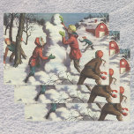 Vintage Christmas, Children Snowball Fight Wrapping Paper Sheet<br><div class="desc">Vintage illustration Merry Christmas holiday image featuring children having fun outside with a snowball fight. The kids are throwing snowballs and building a snowman on a winter day.</div>
