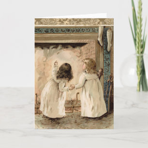Vintage Christmas Chimney Stockings Girls Blank Holiday Card