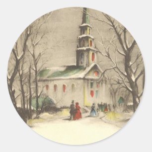 Vintage Christmas, Church in Winter Snowscape Classic Round Sticker