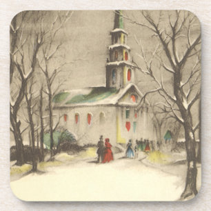Vintage Christmas, Church in Winter Snowscape Coaster