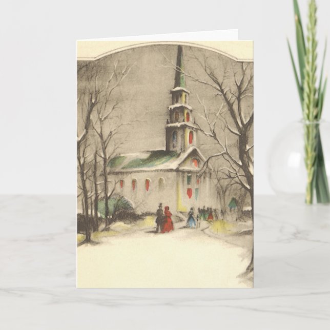 Vintage Christmas, Church in Winter Snowscape Holiday Card (Front)