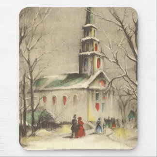 Vintage Christmas, Church in Winter Snowscape Mouse Pad