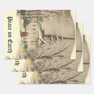 Vintage Christmas, Church in Winter Snowscape Wrapping Paper Sheet