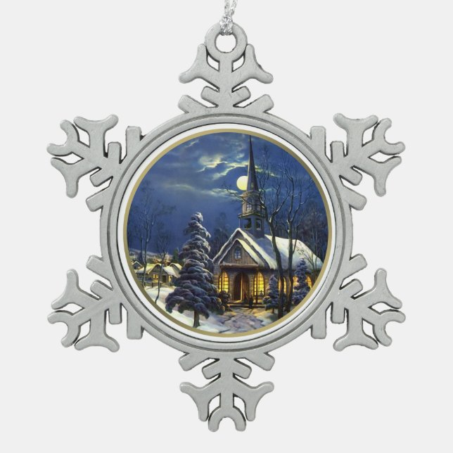 Vintage Christmas Church  Snowflake Pewter Christmas Ornament (Front)