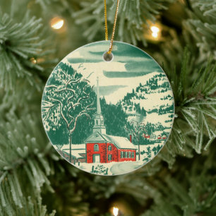 Vintage Christmas Church, Snowscape in Winter Ceramic Ornament