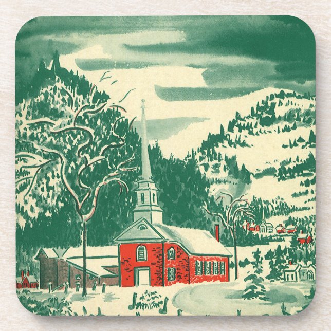 Vintage Christmas Church, Snowscape in Winter Coaster (Front)