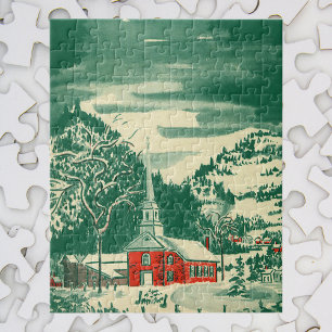 Vintage Christmas Church, Snowscape in Winter Jigsaw Puzzle