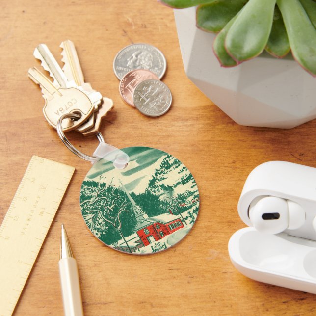 Vintage Christmas Church, Snowscape in Winter Keychain (Desk)