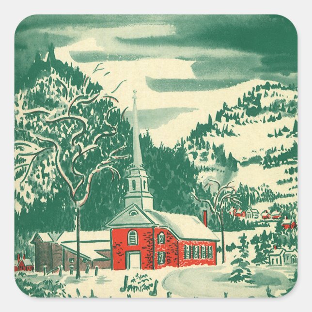 Vintage Christmas Church, Snowscape in Winter Square Sticker (Front)