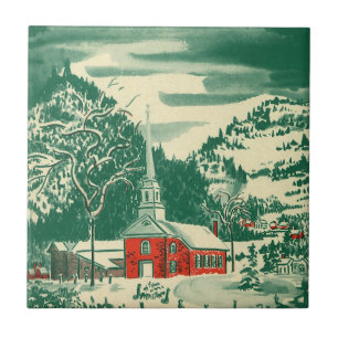 Vintage Christmas Church, Snowscape in Winter Tile