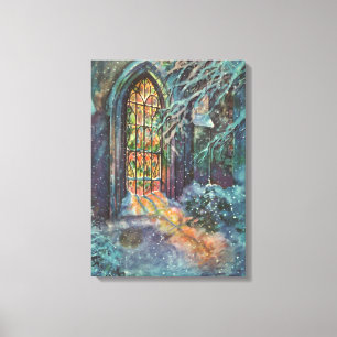 Vintage Christmas Church with Stained Glass Window Canvas Print