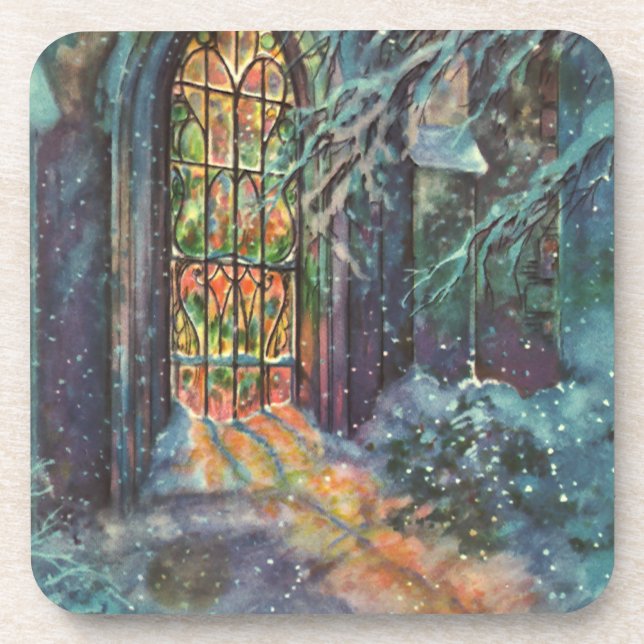 Vintage Christmas Church with Stained Glass Window Coaster (Front)
