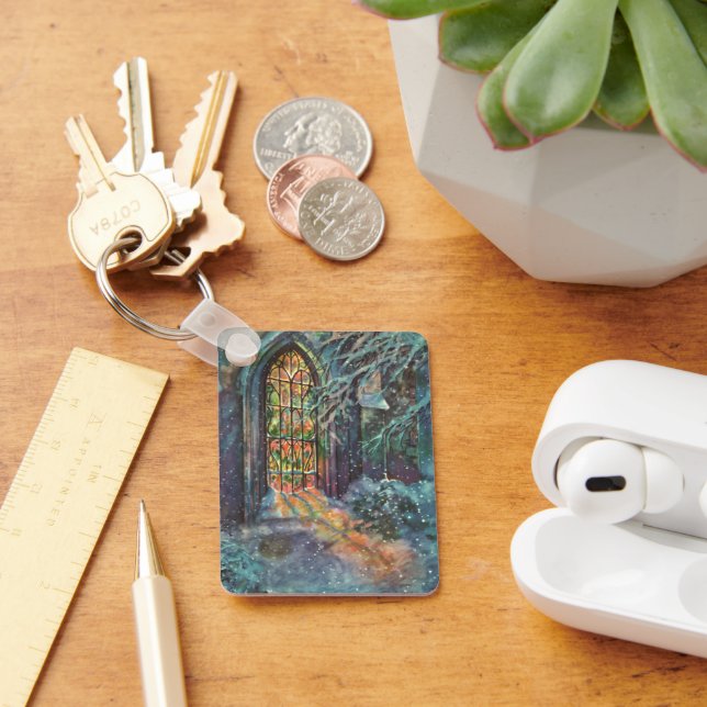 Vintage Christmas Church with Stained Glass Window Keychain (Desk)