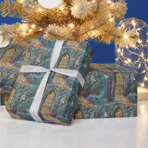 Vintage Christmas Church with Stained Glass Window Wrapping Paper