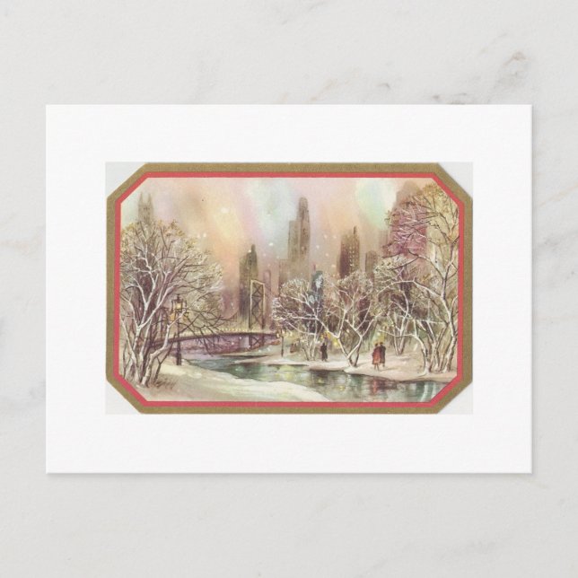 Vintage Christmas City Scene Holiday Postcard (Front)