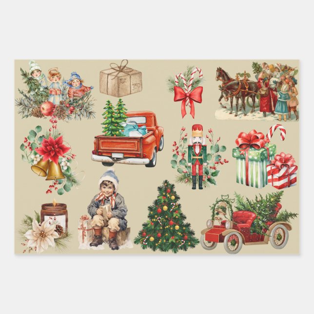 Vintage Christmas Collage Gold Colour  Wrapping Paper Sheet (Front)