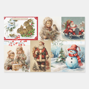 Vintage Christmas Collage with Santa and Children Wrapping Paper Sheet