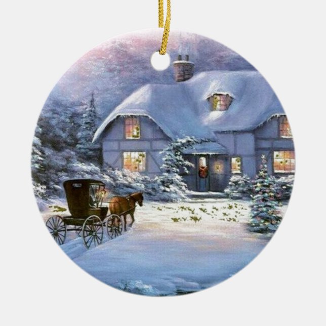 Vintage Christmas Cottage Ceramic Ornament (Front)