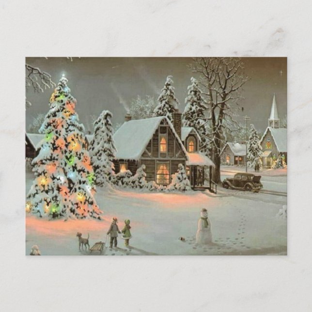 Vintage Christmas Cottage Holiday Postcard (Front)