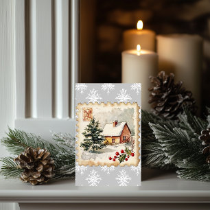 Vintage Christmas Cottage Postage Stamp Card
