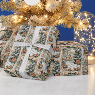 Vintage Christmas Cottage with Poinsettia Flowers  Wrapping Paper
