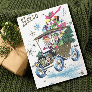 Vintage Christmas Couple Driving With Gifts Holiday Card