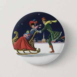 Vintage Christmas, Couple in Love Ice Skating 2 Inch Round Button