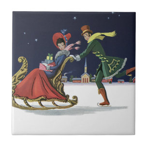 Vintage Christmas, Couple in Love Ice Skating Tile