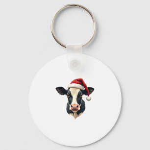 Vintage Christmas Cow Head with Santa Hat Farm Ani Keychain