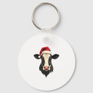 Vintage Christmas Cow Head with Santa Hat Farm Ani Keychain
