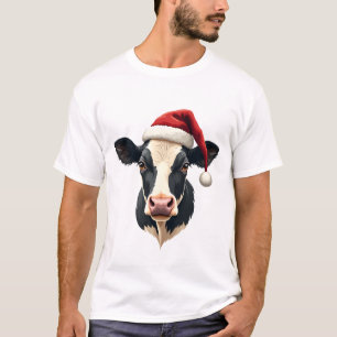 Vintage Christmas Cow Head with Santa Hat Farm Ani T-Shirt