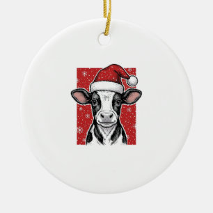 Vintage Christmas Cow Santa Hat Holiday Shirt (2)_ Ceramic Ornament