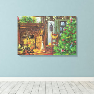 Vintage Christmas, Cozy Log Cabin with Fireplace Canvas Print
