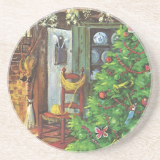 Vintage Christmas, Cozy Log Cabin with Fireplace Coaster