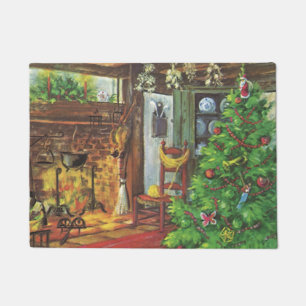 Vintage Christmas, Cozy Log Cabin with Fireplace Doormat