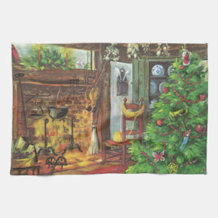 Vintage Christmas, Cozy Log Cabin with Fireplace Kitchen Towel