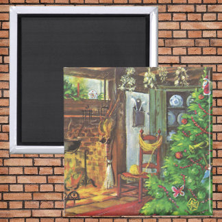 Vintage Christmas, Cozy Log Cabin with Fireplace Magnet