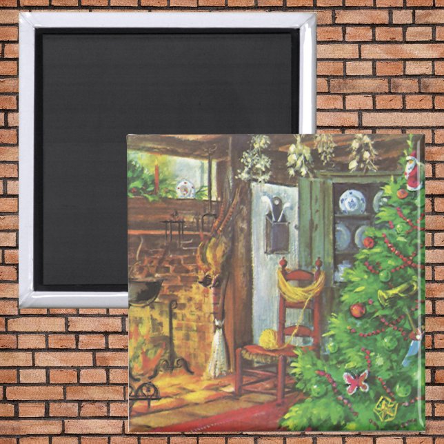 Vintage Christmas, Cozy Log Cabin with Fireplace Magnet (Creator Uploaded)