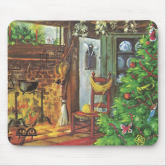 Vintage Christmas, Cozy Log Cabin with Fireplace Mouse Pad