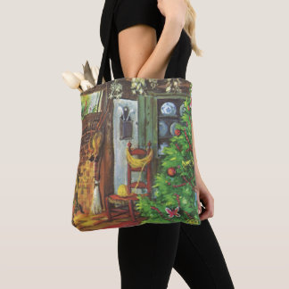 Vintage Christmas, Cozy Log Cabin with Fireplace Tote Bag