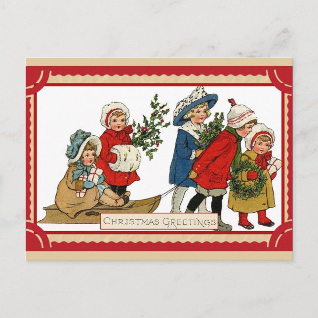 Vintage Christmas Cute Children Kids Sleigh Postcard (Front)
