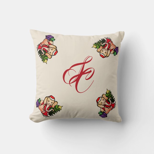 Vintage Christmas Cute Elephant Monogram Throw Pillow (Front)
