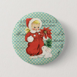 Vintage Christmas Cute Girl Poinsettia Mint Dots 2 Inch Round Button