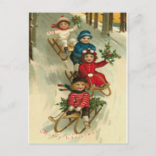 Vintage Christmas cute kids children sledging snow Holiday Postcard