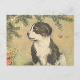Vintage Christmas, Cute Puppy Under Christmas Tree Holiday Postcard