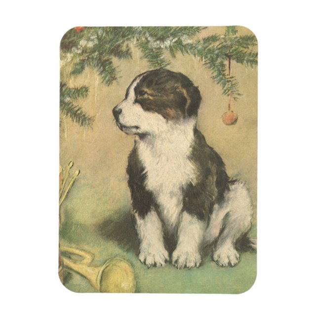 Vintage Christmas, Cute Puppy Under Christmas Tree Magnet (Vertical)