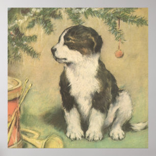 Vintage Christmas, Cute Puppy Under Christmas Tree Poster