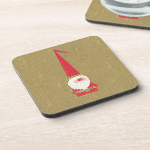 Vintage Christmas, Cute Santa Claus Gnome on Gold Coaster