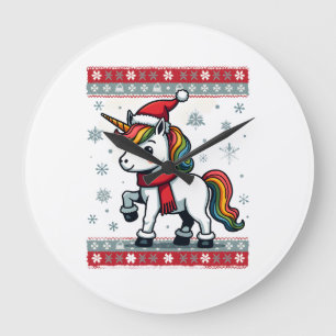 Vintage Christmas Dabbing Unicorn Rainbow Holiday  Large Clock
